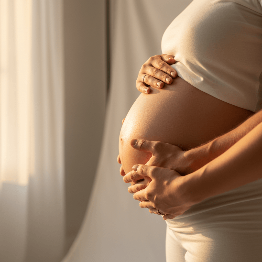 Pregnant woman's belly gently cradled by partner's hands in warm, soft studio lighting during intimate maternity portrait session Pregnant woman's belly gently cradled by partner's hands in warm, soft studio lighting during intimate maternity portrait session